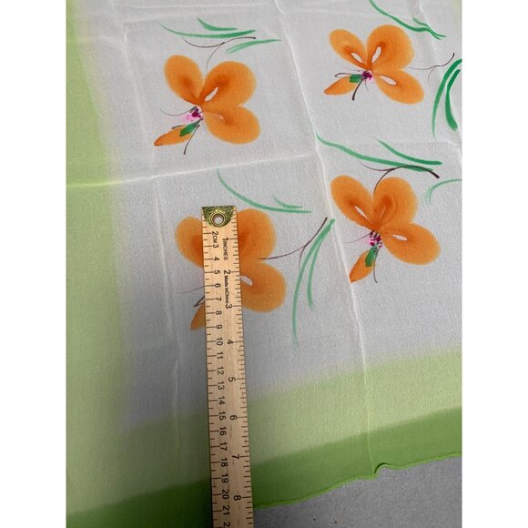 Vintage Floral Silk Scarf Handkerchief with Orange Flowers Green Border - Picture 6 of 8